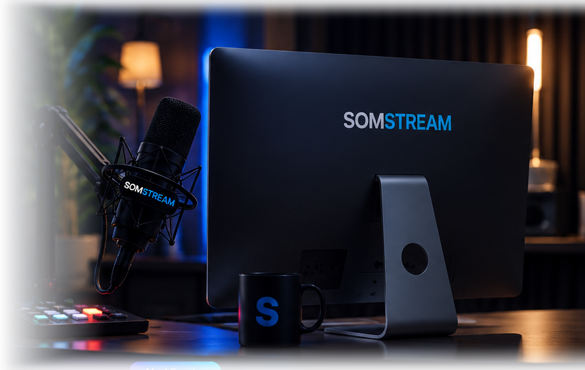 SomStream studio with microphone and rear-facing computer